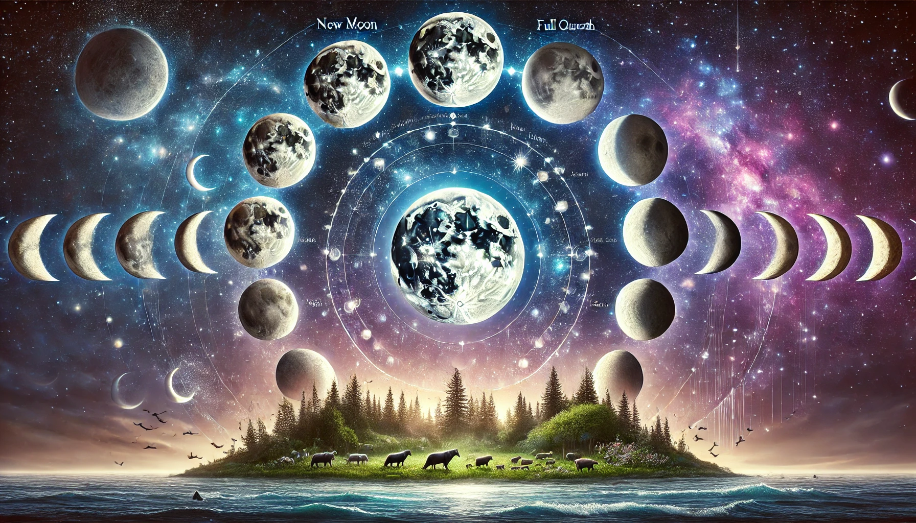 Ilustração artística e educativa das oito fases da Lua — Nova, Crescente, Quarto Crescente, Crescente Gibosa, Cheia, Minguante Gibosa, Quarto Minguante e Minguante — com um fundo cósmico estrelado. A imagem destaca a influência lunar sobre as marés, a fauna e os ciclos naturais da Terra, trazendo um toque místico e informativo. Ideal para conteúdos sobre astronomia, astrologia e ciência lunar.