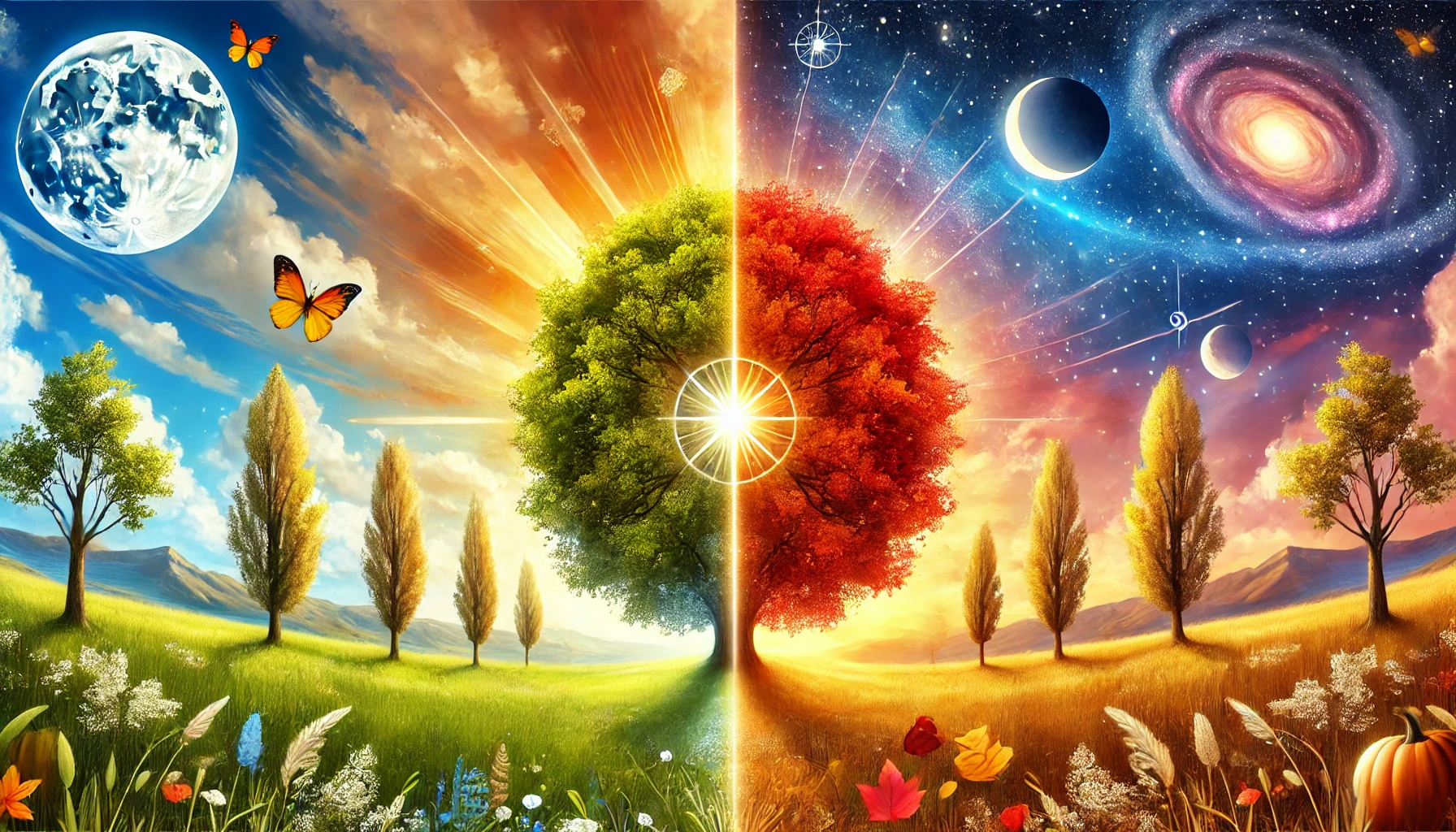 Ilustração do equinócio de outono, mostrando uma árvore simétrica cujas folhas mudam gradualmente de verde vibrante para tons quentes de amarelo, laranja e vermelho. O cenário divide-se entre um céu claro de dia e um céu estrelado à noite, simbolizando o equilíbrio entre dia e noite durante o fenômeno astronômico.