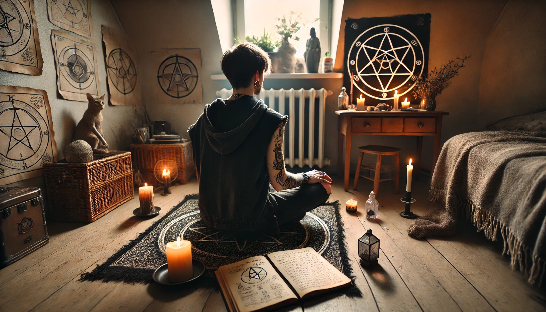 Pessoa vista de costas sentada no chão de um quarto escuro e minimalista, praticando Magia do Caos. Ao redor dela há velas acesas, um caderno com sigilos desenhados à mão, um cristal e uma pequena estátua. A iluminação é suave e natural, criando um ambiente introspectivo e realista.