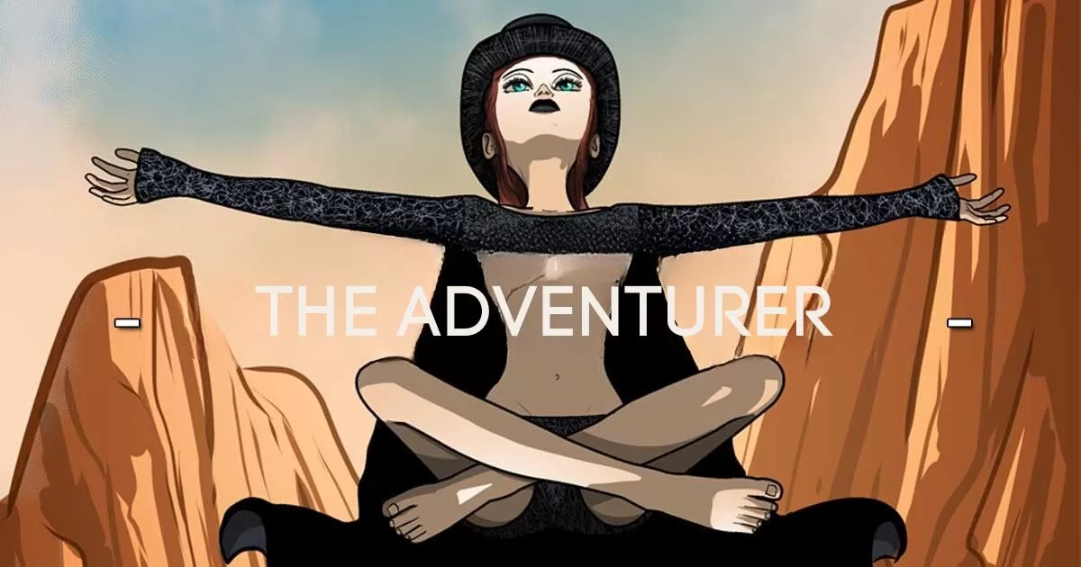 Ilustração de 'The Adventurer', um servidor da magia do caos, retratado como uma figura andrógina e poderosa em meditação nas montanhas, com os braços abertos em entrega ao desconhecido. Um símbolo visual de liberdade, coragem e conexão com o novo.