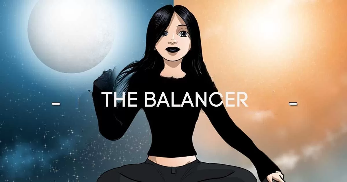 Ilustração de The Balancer, uma figura feminina sentada em posição meditativa, com o sol e a lua ao fundo, representando o equilíbrio entre opostos — luz e sombra, ação e introspecção.